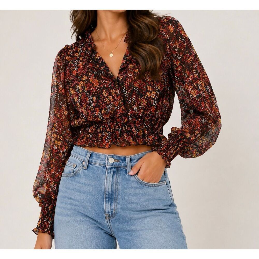 Free People XS Floral Smocked Sheer Peasant Blouse Boho Cottagecore Top